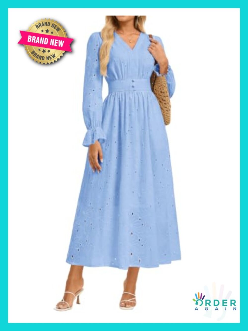 Womens Long Sleeve Cotton Eyelet Maxi Dress A-Line Smocked
